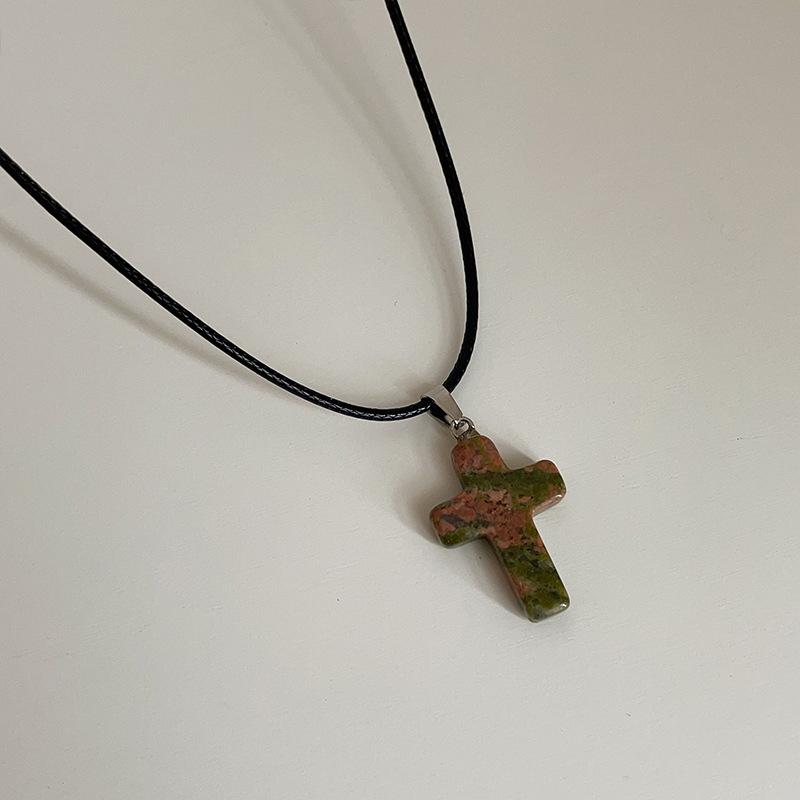 Niche Design Sense Natural Stone Cross Black Rope Necklace Female Simple Sweet Cool Personality Versatile Neck Chain Collarbone Chain
