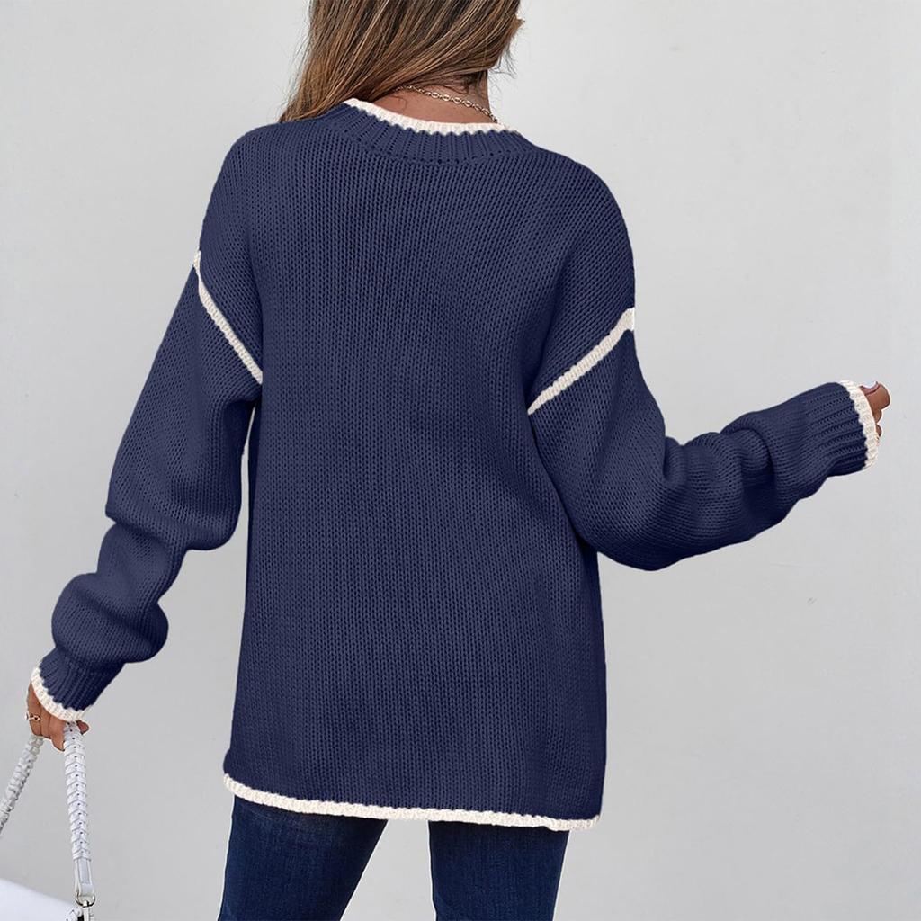 Women's Fashion Color Blocked Round Neck Long Sleeved Knitted Sweater Pullover Sweater Top