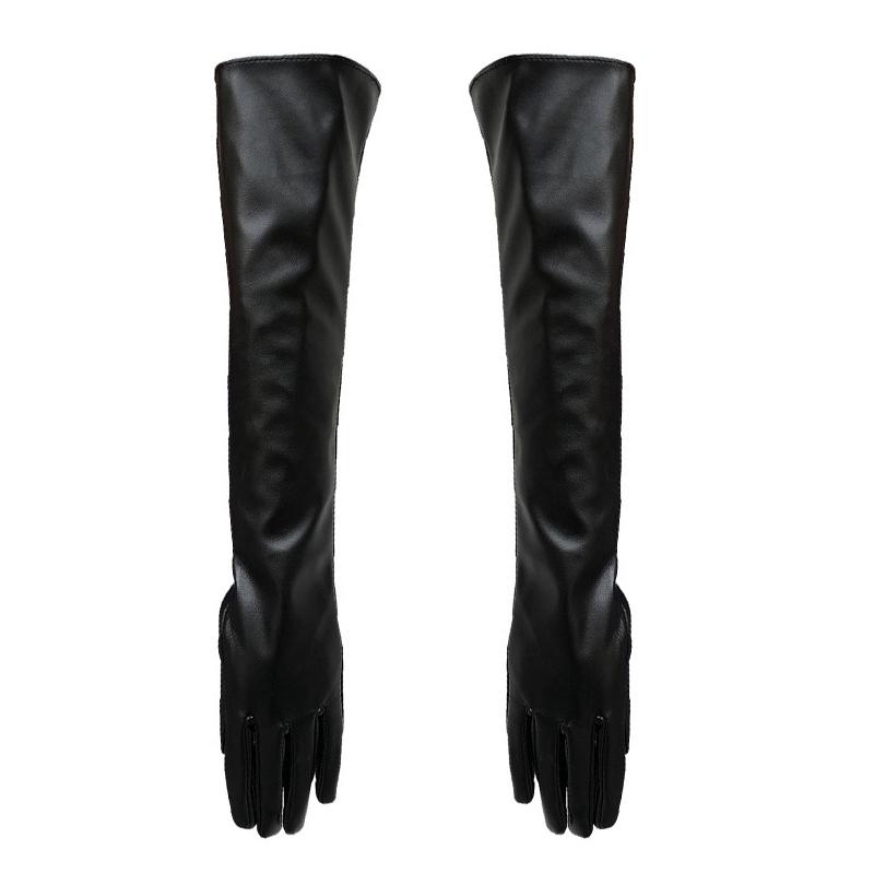 Fashion Lady Solid Color Faux Leather Full Finger Long Arm Gloves Stage Mittens
