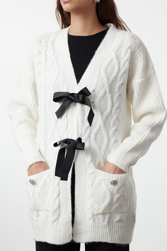 Женский модный стильный кардиган в стиле хиджаб с каменным бантом и лентой, трикотажный кардиган на пуговицах с камнями