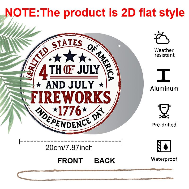 2D Flat, 1pc Round Aluminum Hanging Sign, Vintage 4th of July Metal Wall Art, USA Independence Day Fireworks Design, Perfect for Front Door, Porch