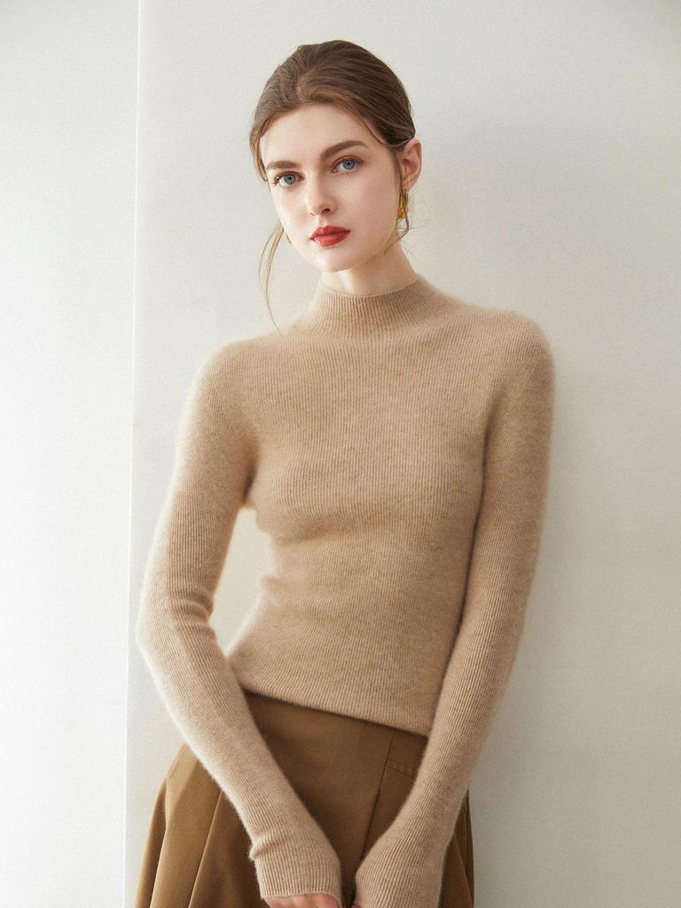 Women's Slim Fit 100% Pure Cashmere Half-High Neck Sweater - Warm Knit Base Layer Top for Autumn/Winter
