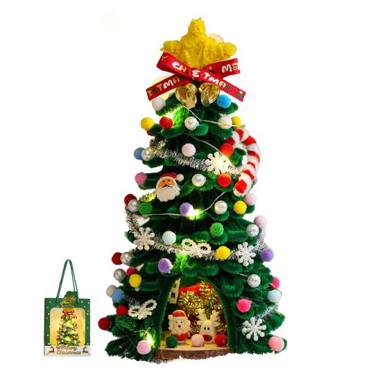DIY Pipe Cleaners Christmas Tree Kit with String Light Twistable Plush Stick Xmas Tree Winter Bendable Fuzzy Stem Craft Kit for Holiday Home
