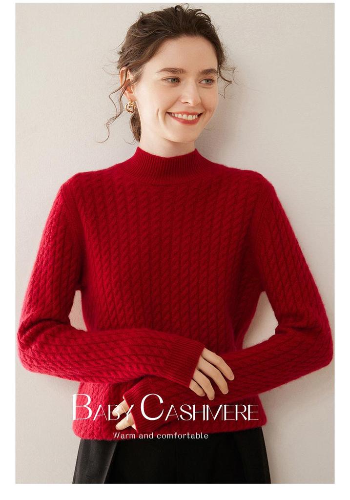 Women's Half-High Collar Cable Knit Cashmere Sweater - Korean Style Thick Pullover for Autumn and Winter