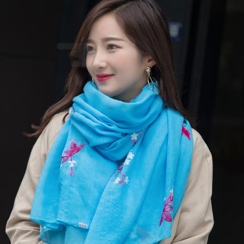 Spring And Summer Ethnic Style Flower Embroidery Silk Scarf Travel Cotton And Linen Embroidery Scarf Women'S Long Shawl