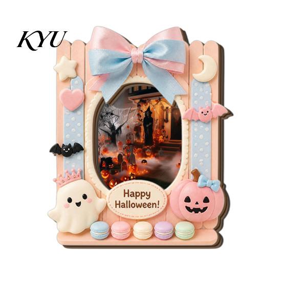 Decorative Magnetic Frame Halloween Photo Refrigerator Magnet, Ghost Pumpkin Picture Room Decor Holder, Wooden for Holiday Party Kitchen Magnet