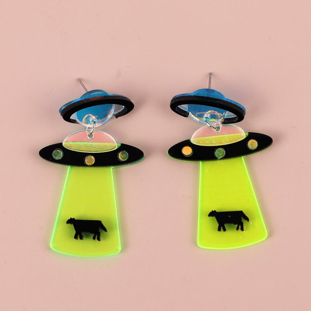Funny Alien Lightning Tassel Acrylic Women's Earrings Cute Colorful UFO Spaceship Dangle Pendant Earring 2025 Jewelry Gifts