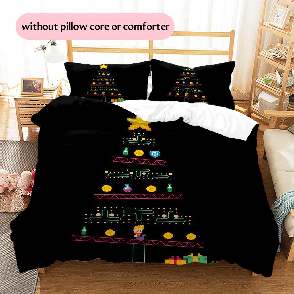 Retro Game Christmas Tree Pattern Bedding Quilt Set Home Decoration Gift (1 * duvet cover + 2 * pillowcase without core)
