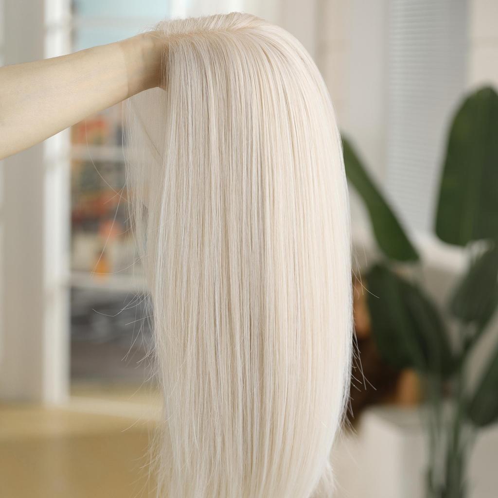 13x6 кружевные парики, светлый платиновый синтетический длинный прямой парик с лентами для женщин, повседневный косплей, волосы высокой плотности