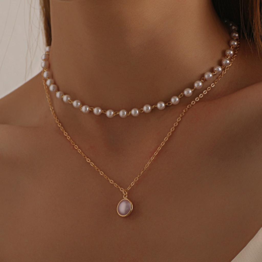Elegant Multi Layer Imitation Pearls Pendant Necklace for Women Adjustable Length and Alloy Chain Neckpiece Jewlery