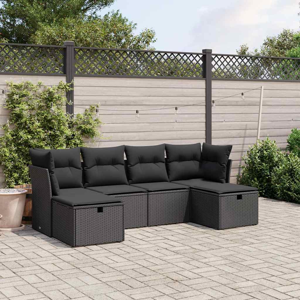 6 Piece Outdoor Sofa Set with Cushions Black Poly Rattan