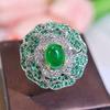 CMM Statement Big 3D Flower Adjustable Ring Micro Tiny Paved Oval Green CZ Zircon Cocktail Party Jewelry