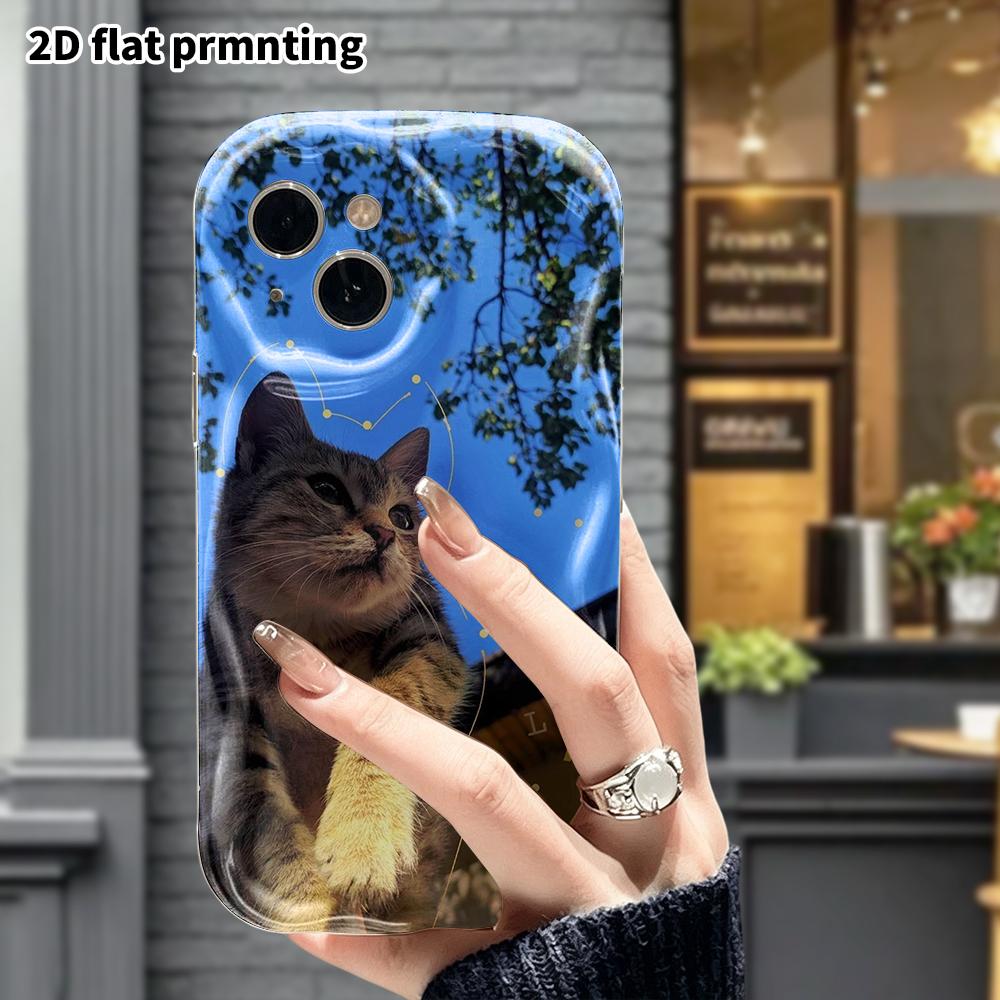 Phone case: 2D flat design suitable for iPhone 18 17 16 15 14 13 Pro protective case, cat looking up, perfect Christmas and Halloween holiday gift