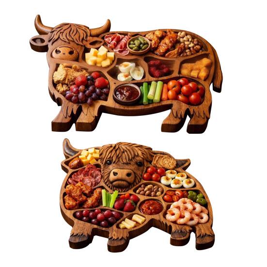 Деревянная доска для закусок в форме шотландской коровы, симпатичный поднос в форме коровы, деревенское блюдо для еды с отделениями для сыра, мяса, фруктов и закусок.
