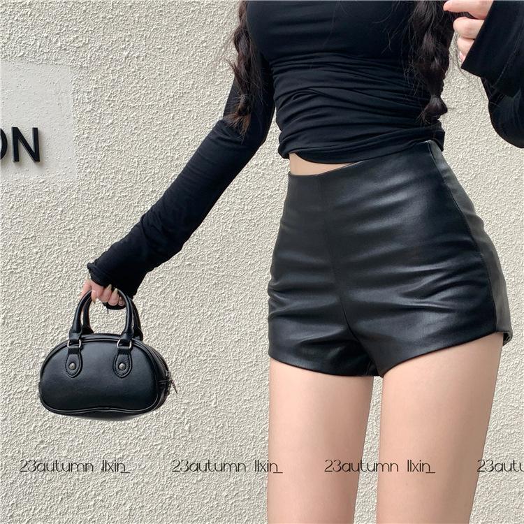 Pu Leather Bag Hip Shorts Women's Autumn And Winter Slim High Waist Slim Sexy Hot Girl Black Outer Boots Pants Straight Leather Pants