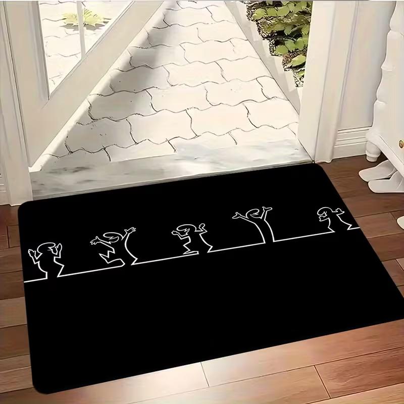 Hand Drawn Line Art Floor Mat with Black and White Cat Pattern Rectangular Carpet Home Decoration Holiday Decoration Floor Mat