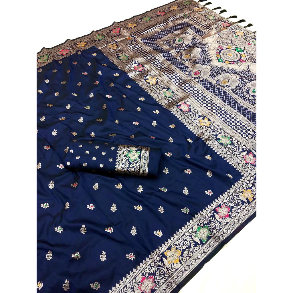 Soft Banarasi Silk Saree with Zari Weaving Meenakari Touchup Design All Over the Saree