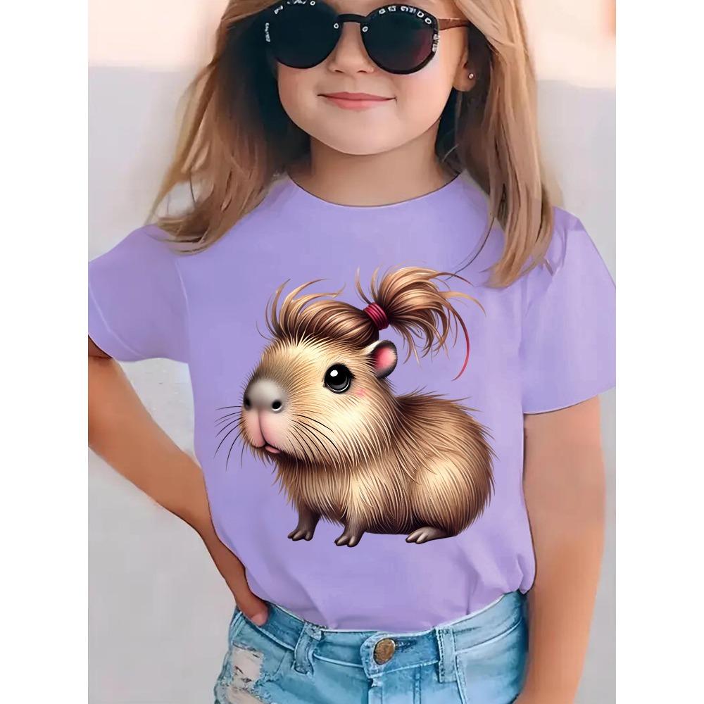 Girls Capybara Print Short Sleeve T-Shirt Cute Capybara Crew Neck Short Sleeve Tee Funny Capybara Hair Clothes Child Girl