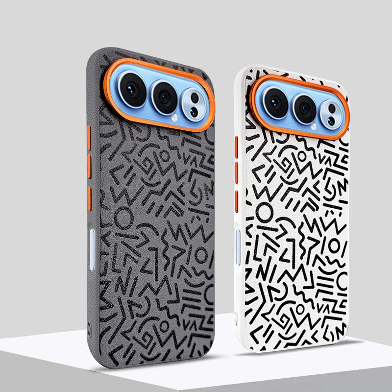 Plain Leather Graffiti Painting Case for Honor 500 Pro, Huawei Magic 8 Pro 7 RSR Magnetic Wireless Charging Metal Lens Cover