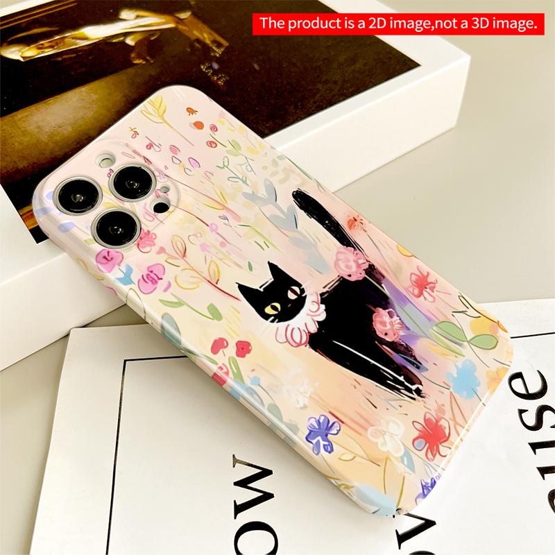 2DFlat Black Cat in Colorful Flower Garden All inclusive film hard iPhone case, compatible with iPhone 18 Pro Max 17 16 15 14 13 12 11