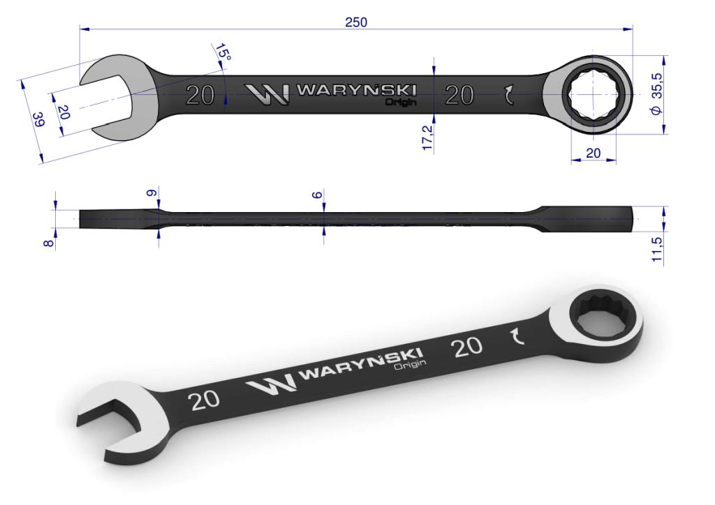 20 open-end wrench with ratchet 72 teeth ASME B107-2010 Waryński standard