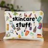 Стильная белая косметичка с принтом "Skincare Stuff" Прочная косметичка-органайзер на молнии, Многофункциональный дорожный аксессуар косметичка