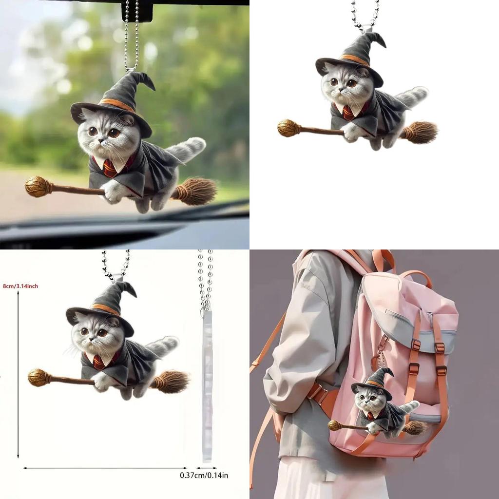 Minimalist Acrylic Flat Surface Car Charm With Magical Cat Riding Broom Design For Auto Interior Decoration