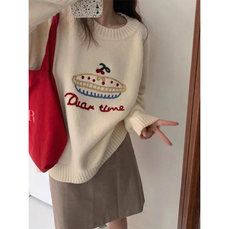 Милый вышитый свитер-пуловер женский осенне-зимний карамельный цвет круглый вырез свободный вязаный свитер топ в стиле колледжа