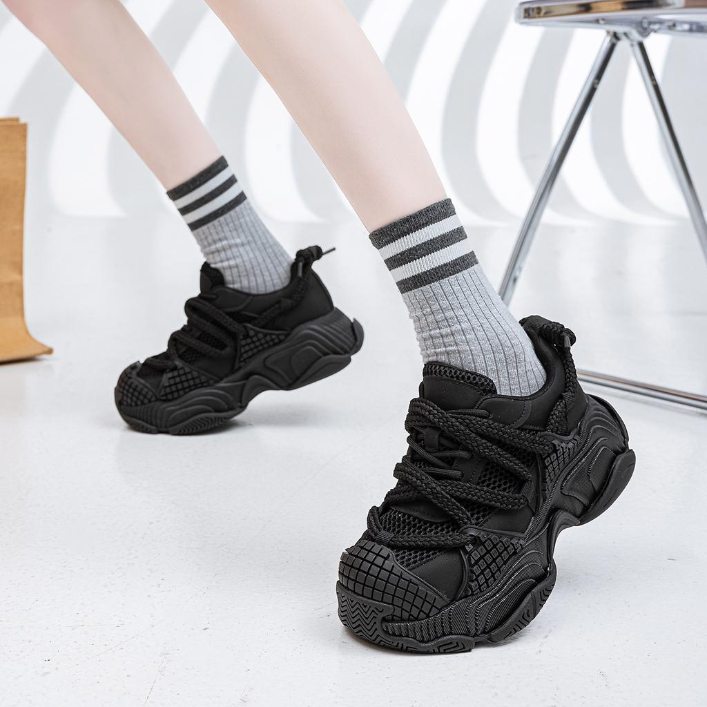 Leather 25 Years Old Summer New Mecha Dad Shoes Women Round Head Mesh Mesh Shoes Thick Sole Heightening Splicing Casual Shoes Women