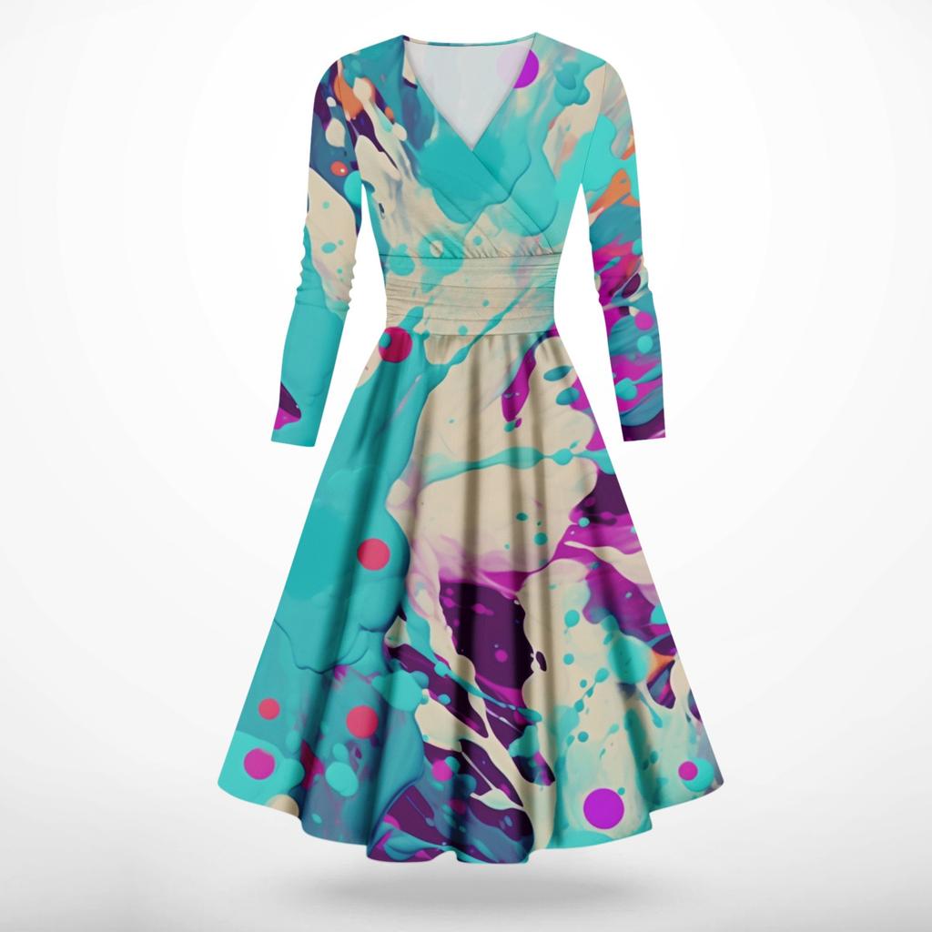 Женская мода повседневное платье с длинным рукавом и v-образным вырезом с принтом и карманами