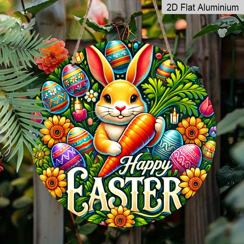 2D Flat 1pc Vintage Easter Bunny Metal Sign, Round Aluminium Door Mount Decor, 8x8 in, Farmhouse Style Wall Art for Home, Room, Street, Shop, Garage