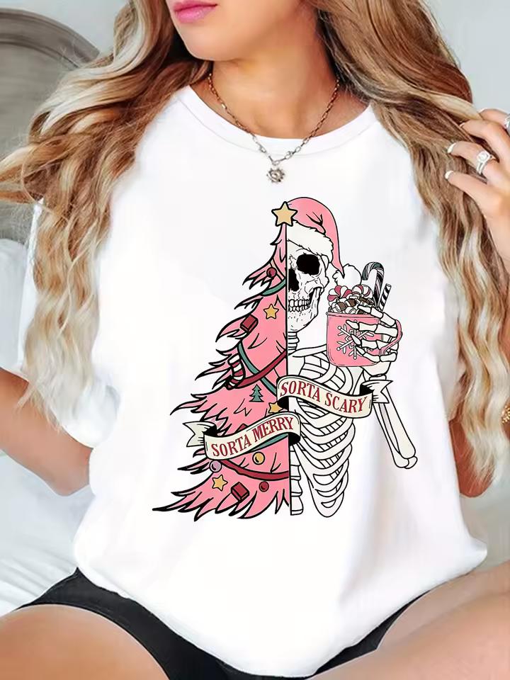 Personality Festive Atmosphere Sense Loose Printed T Shirt with All Round Neck Punk Ins Trend Printing Shopping with All Base