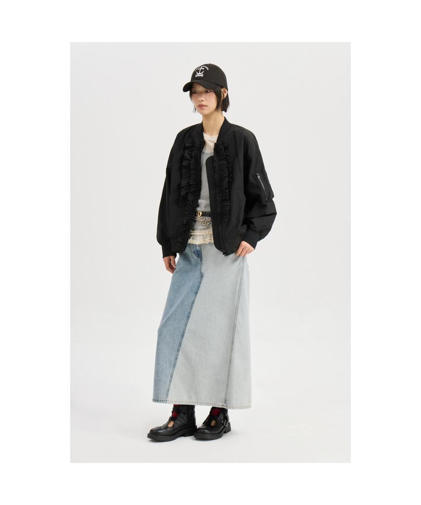 LUCKY CHOUETTE Back Banding Color Block Long Denim Skirt (Blue) Lfpdm25320Bux