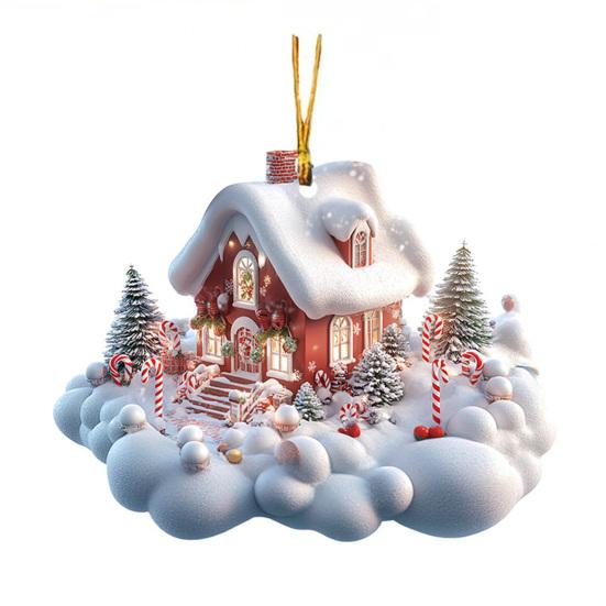 Украшение Домик в Снежной Деревне, Подвесное украшение Деревенская бревенчатая хижина, 2D акриловый коттедж со снежной сценой для декора зимней сказки и рождественской елки