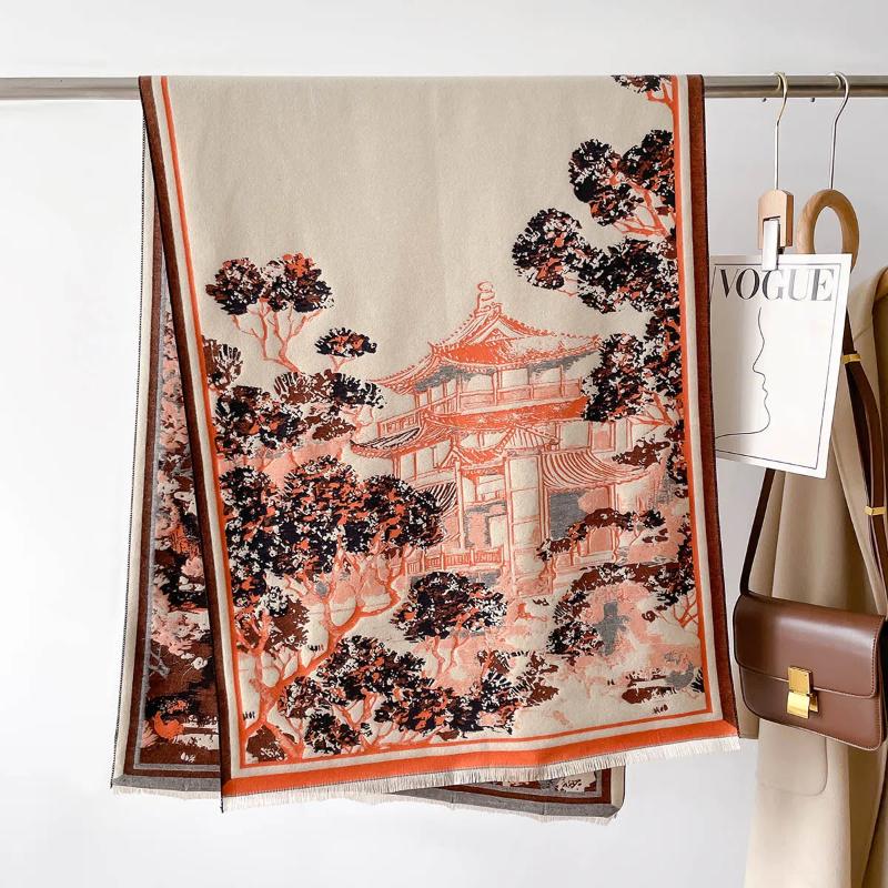 2024 Новый осенне-зимний шарф с утолщенным искусственным кашемиром, двухсторонний, противохолодный и ветрозащитный теплый шарф с принтом для женщин