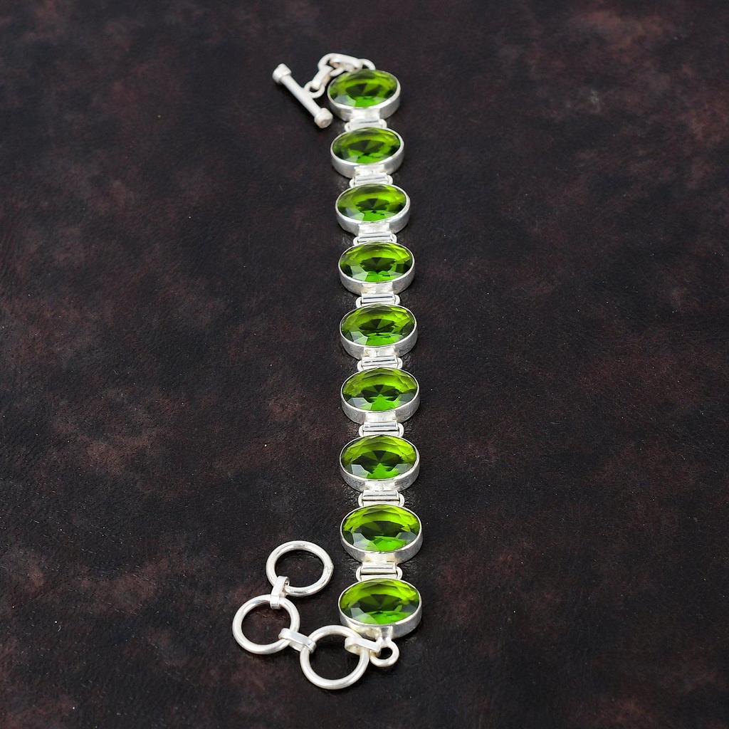Граненый браслет с перидотом Ювелирные изделия ручной работы Браслет из настоящего драгоценного камня Браслет из стерлингового серебра 925 пробы Регулируемый браслет-цепочка Подарки на годовщину