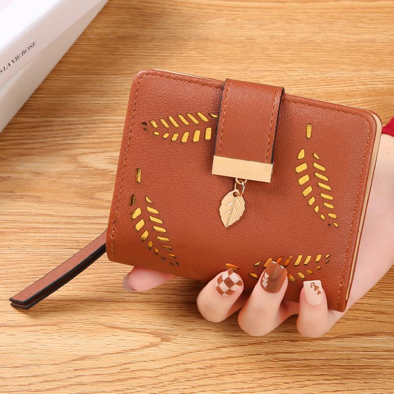 Женский корейский стиль кошелек-портмоне с листом, двойного сложения, для монет, с молнией, держатель для карт