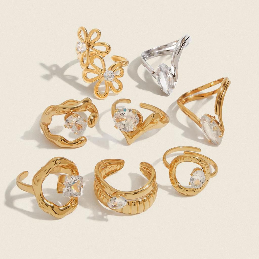 Минималистичное геометрическое кольцо с цирконом, полое, круглое, для женщин, из нержавеющей стали, с чеканным узором, ювелирное изделие в виде цветка