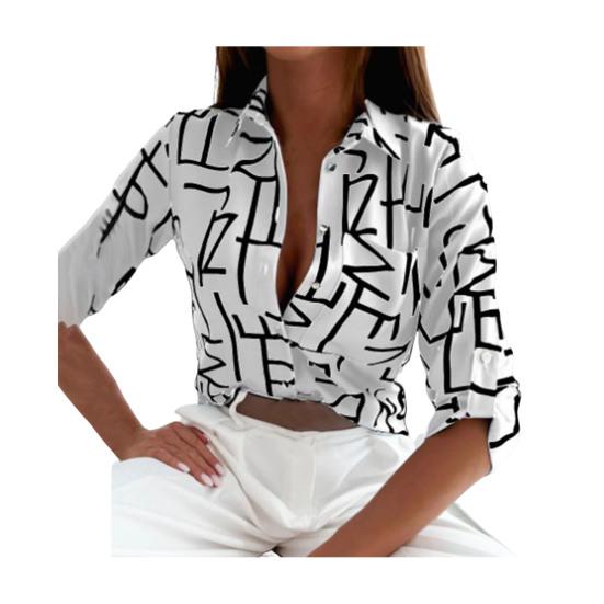 Women Summer Shirt Lapel Long Sleeve Shirt Geometric Pattern Slim Fit Tops Single Breasted Shirt Streetwear