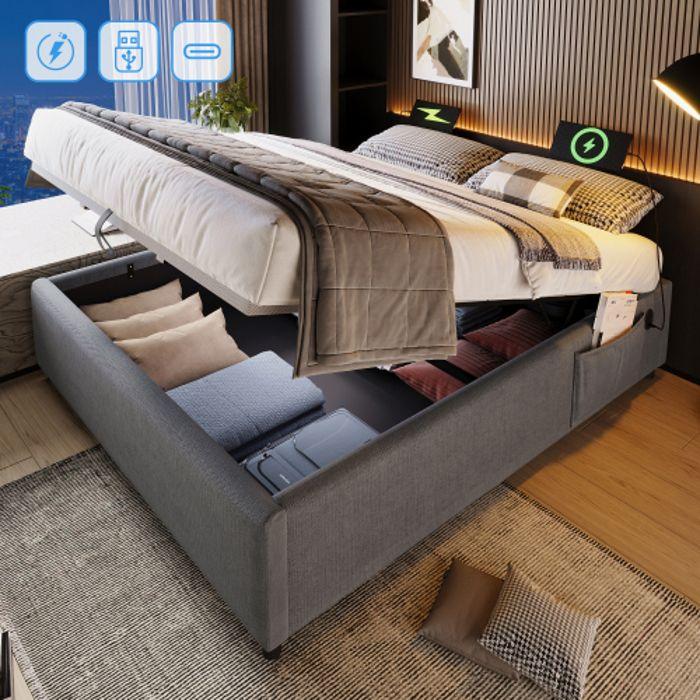 Lit - MUVOE - 140 x 200 cm - USB-C intégré - Sommier à lattes - Gris