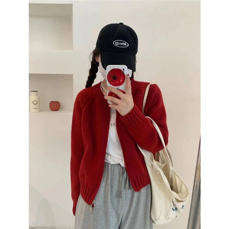 Korean Style Short Solid Color Knitted Sweater for Women New Double Zipper Knitted Cardigan Top