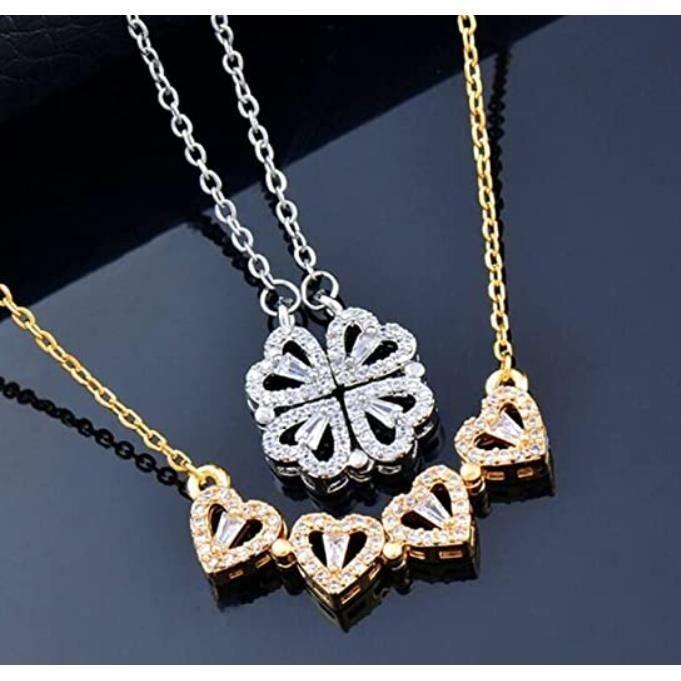 Collier avec pendentif - Joli - 4 feuilles cœur creux - 2 en 1 - 46 cm - Femme