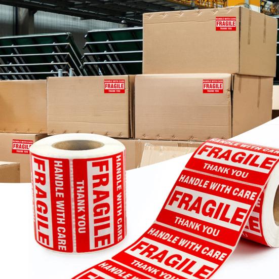 500Pcs/Roll Fragile Label Sticker Red White Handle with Care Fragile Thank You Self-adhesive Rectangle Package Box Shipping Warning Decal Kit