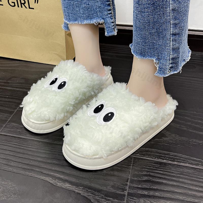 Модные хлопковые тапочки для женщин Новые 2024 Осень Зима Домашние Нескользящие Домашние Теплые Домашние Слайды Женские Милые Плюшевые Тапочки с Мехом с Большими Глазами