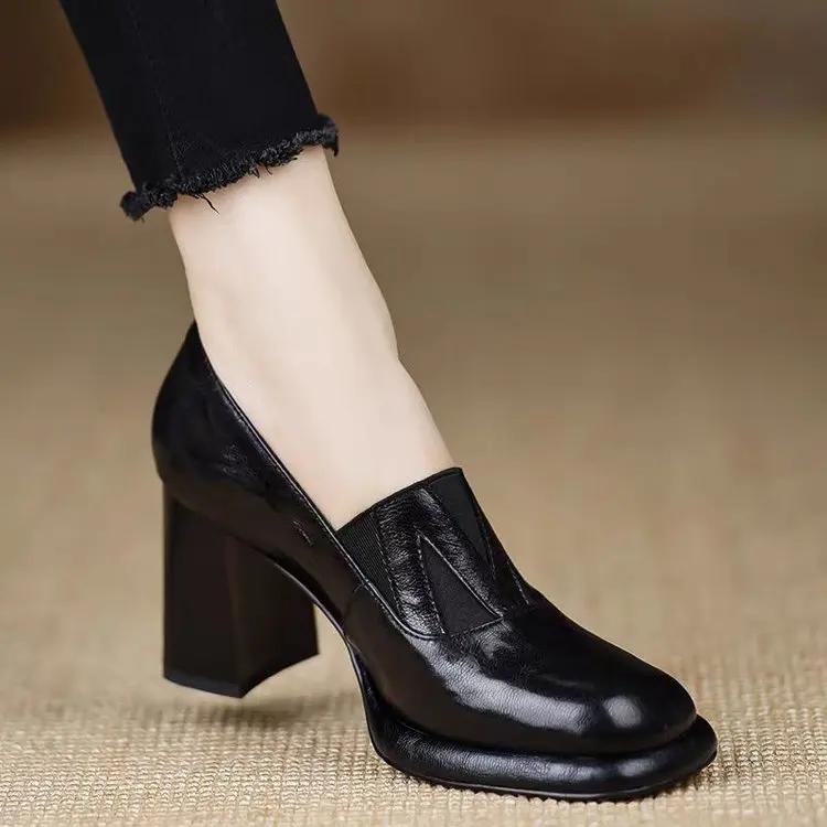 Модные женские туфли-лодочки в стиле ретро весна-осень на толстом квадратном каблуке, женские туфли-лодочки из коровьей кожи с квадратным носком во французском стиле