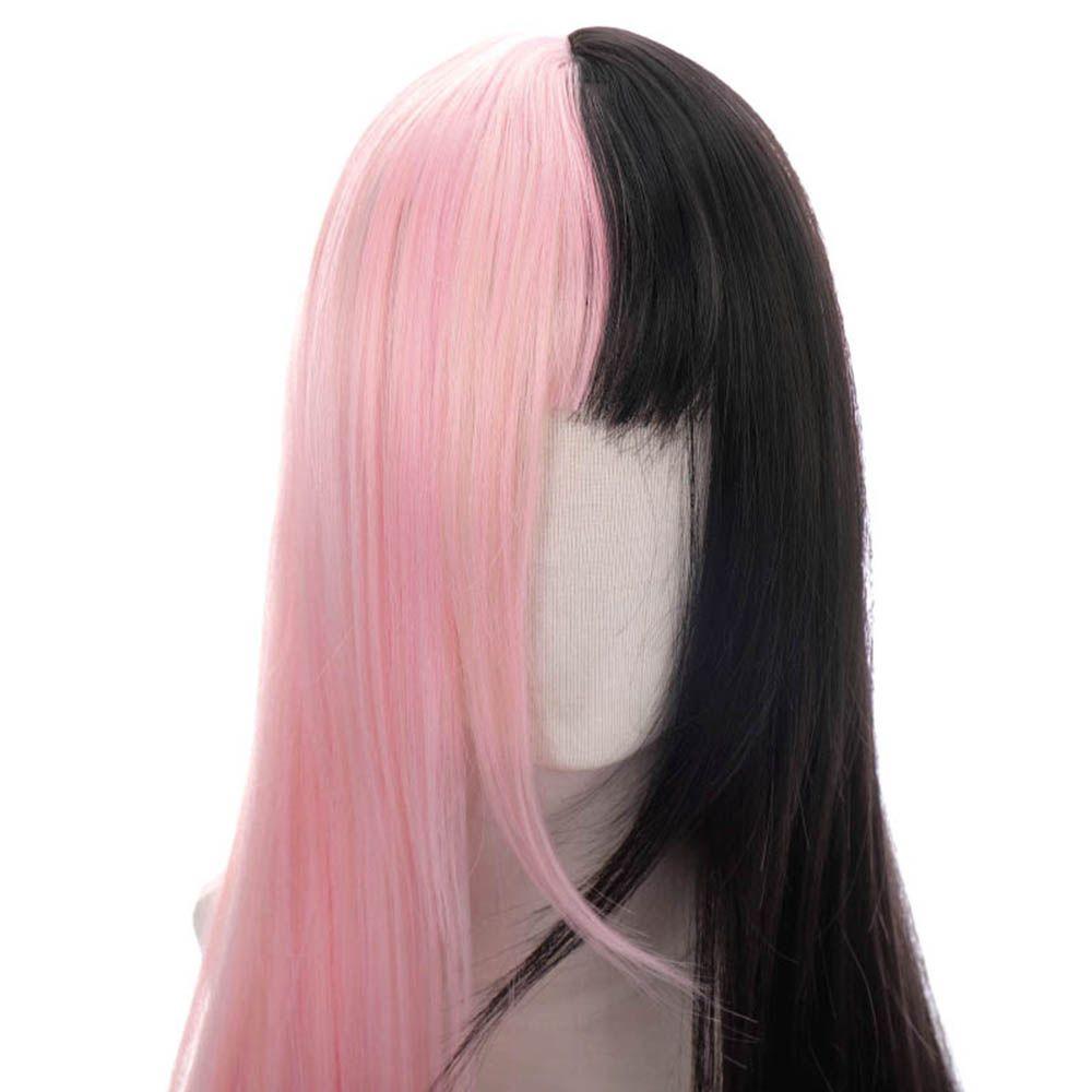Women Female Synthetic Bangs Cosplay Lolita Double Color Toupee Black&pink Wig Long Straight Hair
