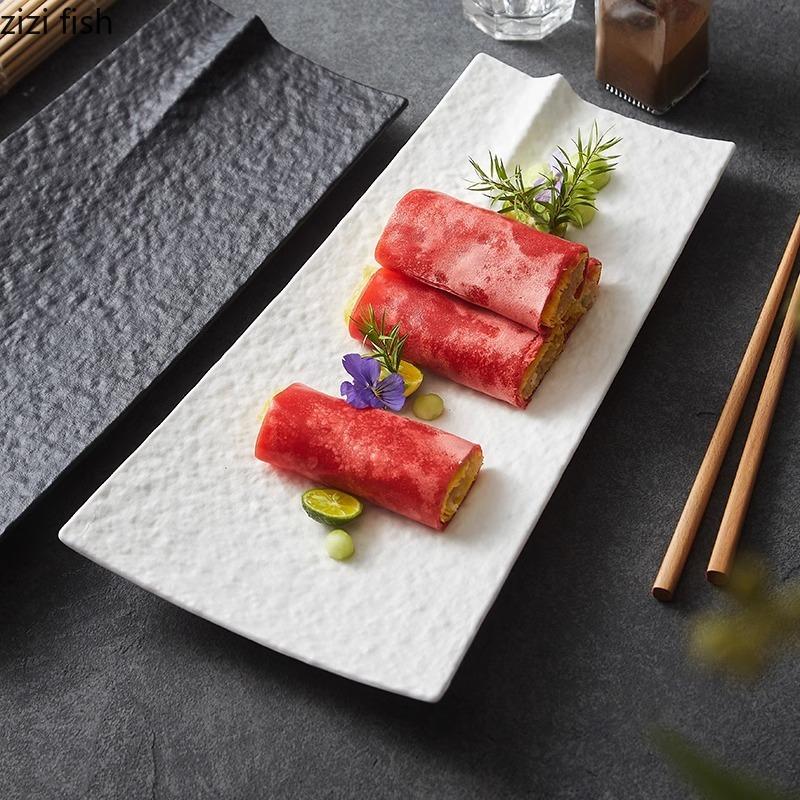 Solid Color Stone Pattern Ceramic Sushi Plate Irregular Long Strip Plate Sashimi Plate Dessert Dish Molecular Cuisine Tableware