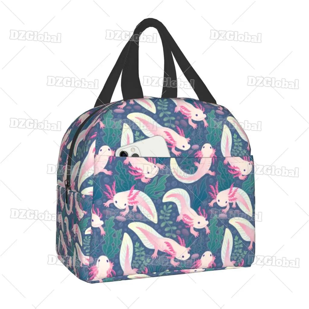 Милая сумка для ланча с аксолотлем, с термоизоляцией, для школы, офиса, с мультяшной саламандрой, животным, портативная, термокулер, для бенто-бокса, для женщин, детей