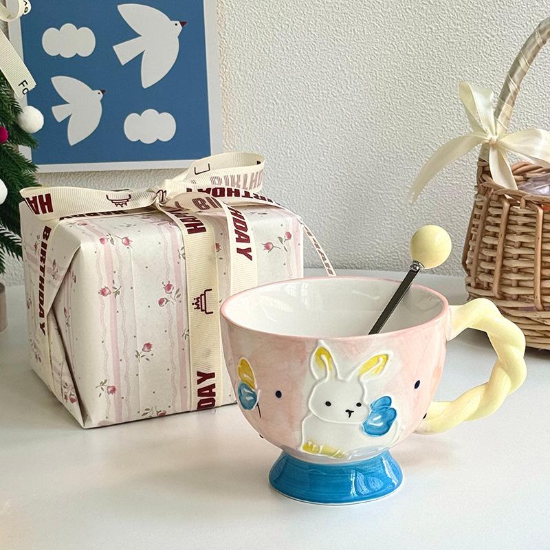 Милая керамическая кружка с тиснением в виде кролика, подглазурная цветная чаша, офисная чашка для молока и завтрака, подарок на день рождения для женщин