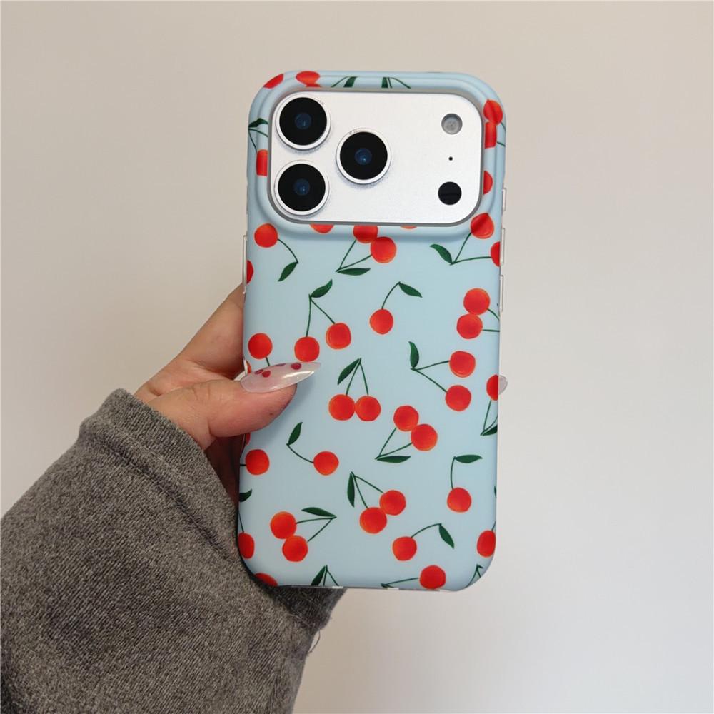 Матовый Синий Чехол с Вишней в Корейском Стиле для iPhone 13-17 Pro/Pro Max, Дизайн под Кожу для Женщин